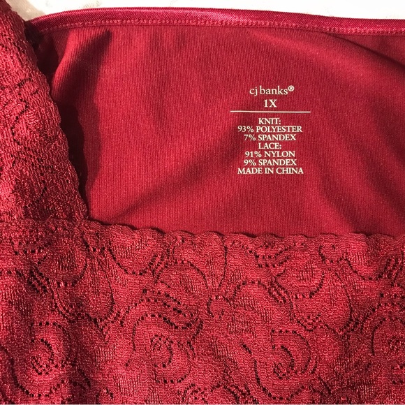 CJ Banks lace top tank top, 1X, burgundy red. - Picture 5 of 7